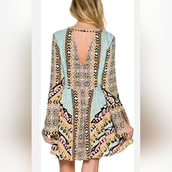 Free People Tegan Border Printed Long Sleeve Mini Dress in Blue Combo - Picture 2 of 6